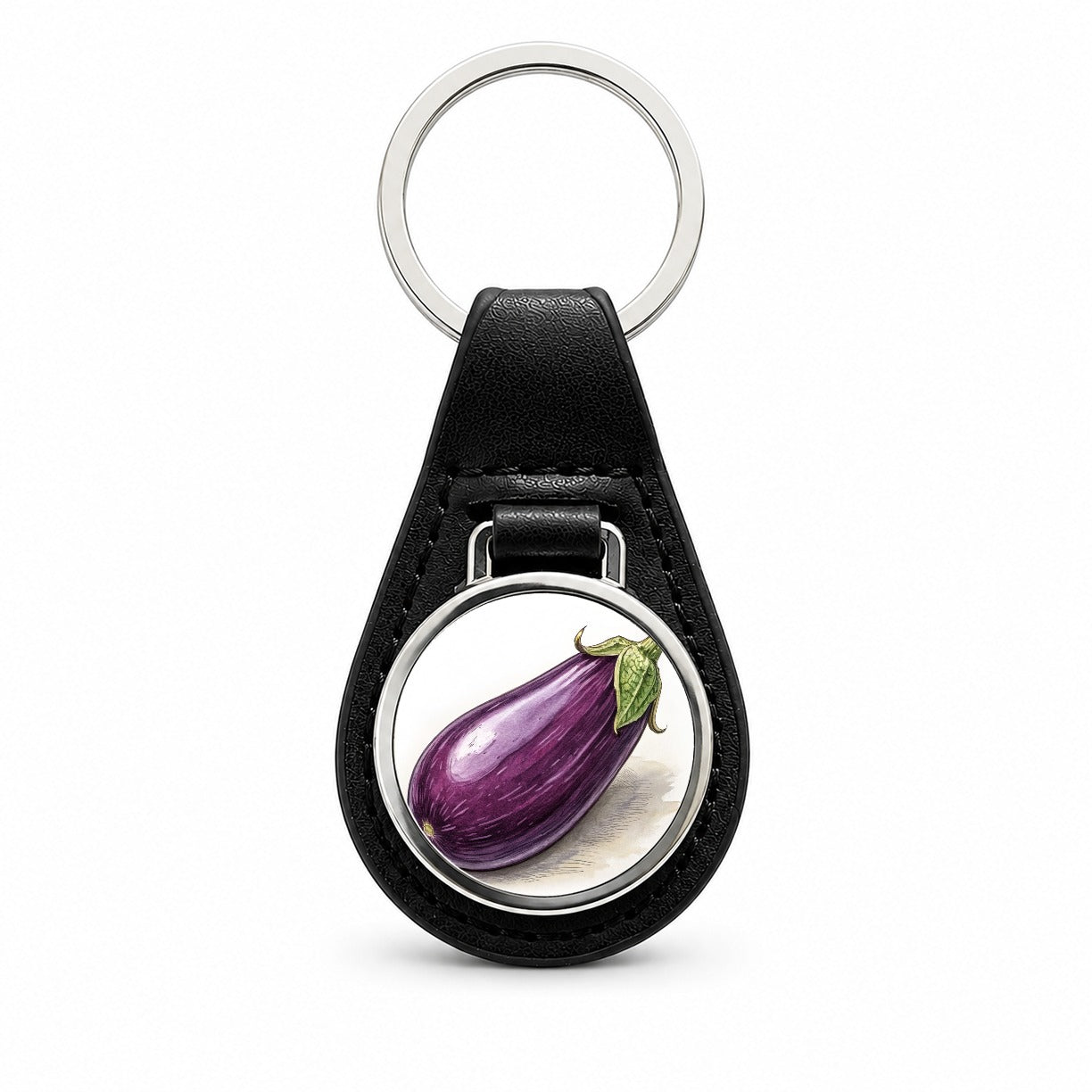 Eggplant Illustration Black Leather Metal Keychain