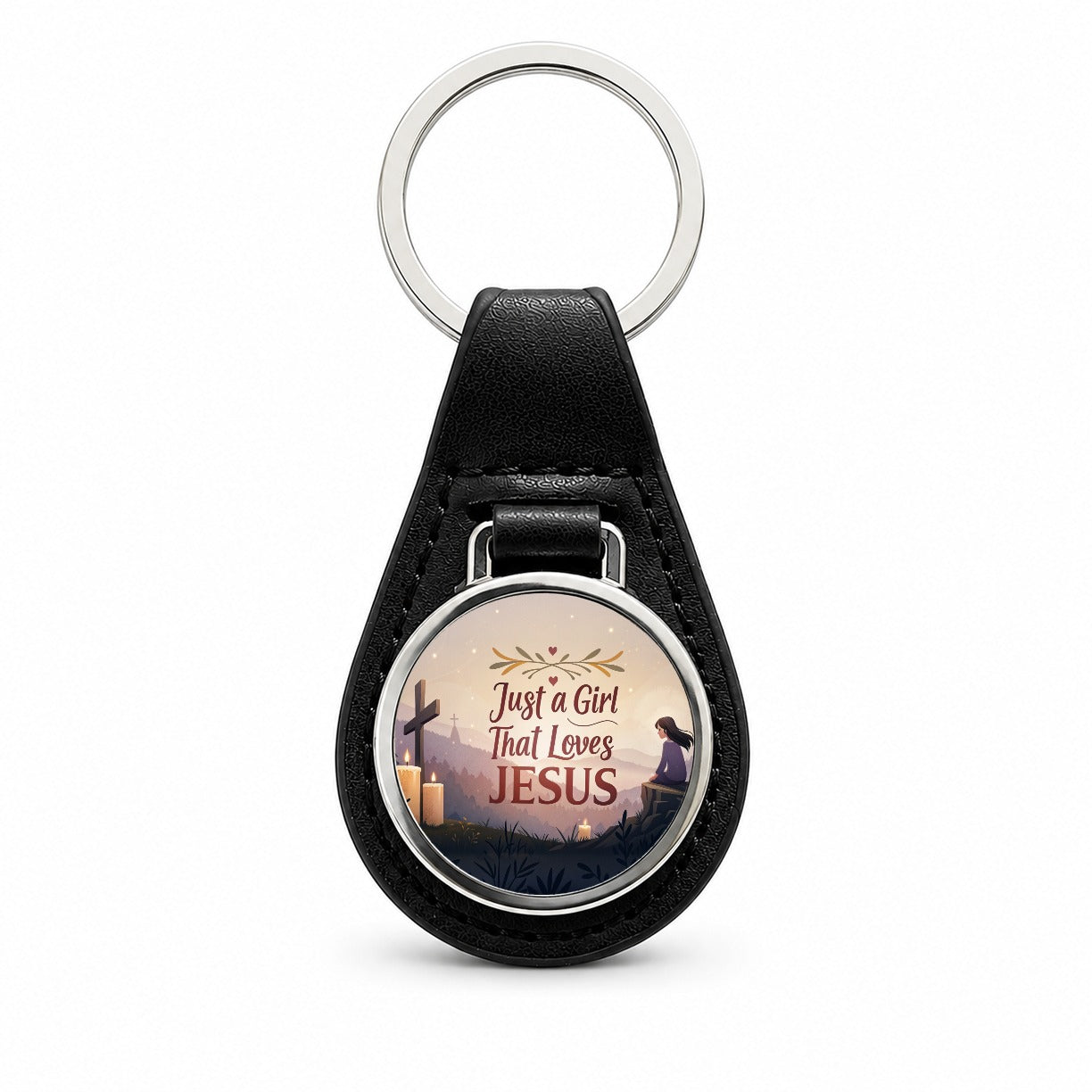 Just A Girl That Loves Jesus Inspirational Black Leather Metal Keychain