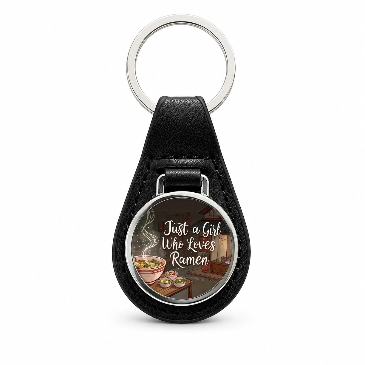 Just A Girl Who Loves Ramen Funny Black Leather Metal Keychain