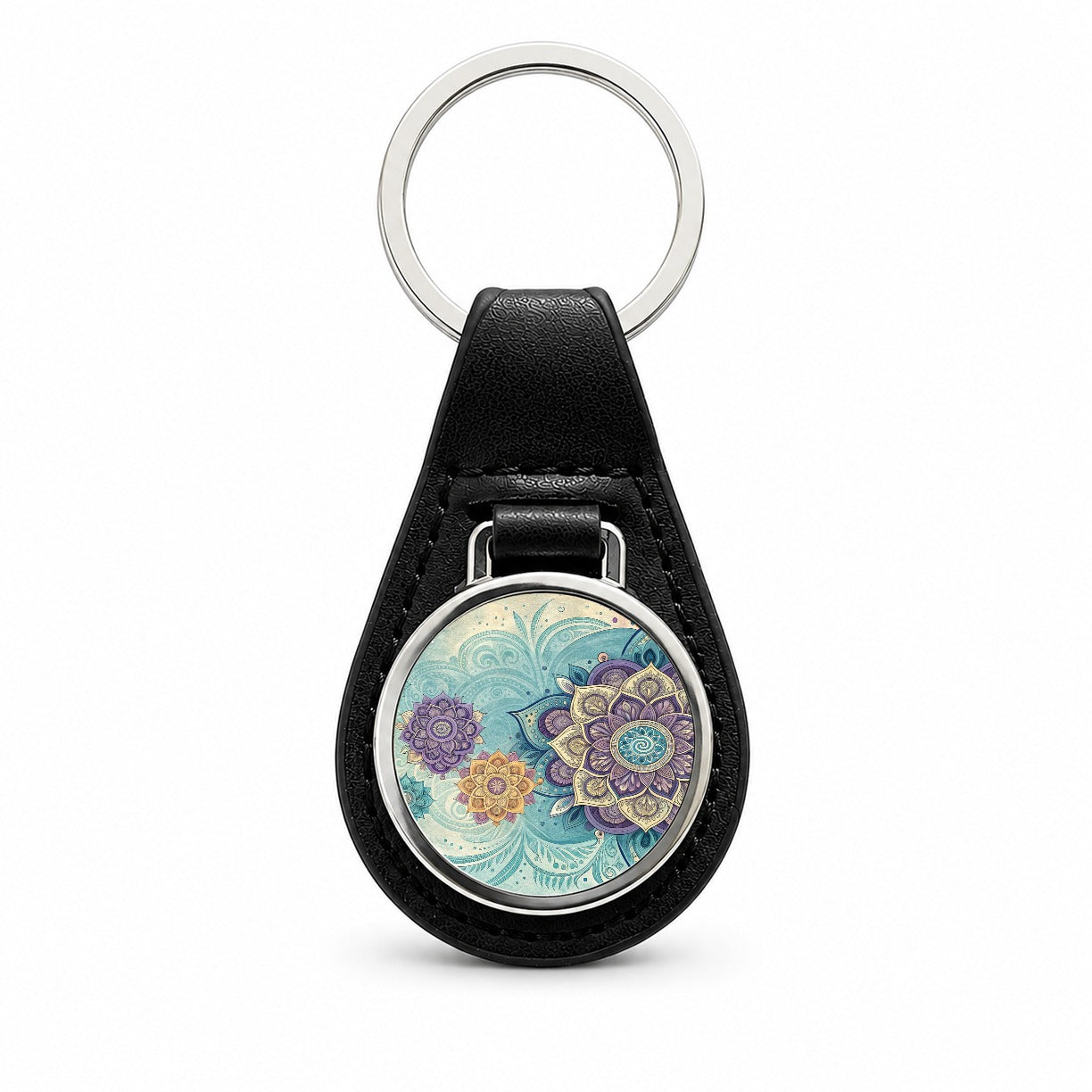 Mandalas Blue Purple Floral Pattern Black Leather Metal Keychain