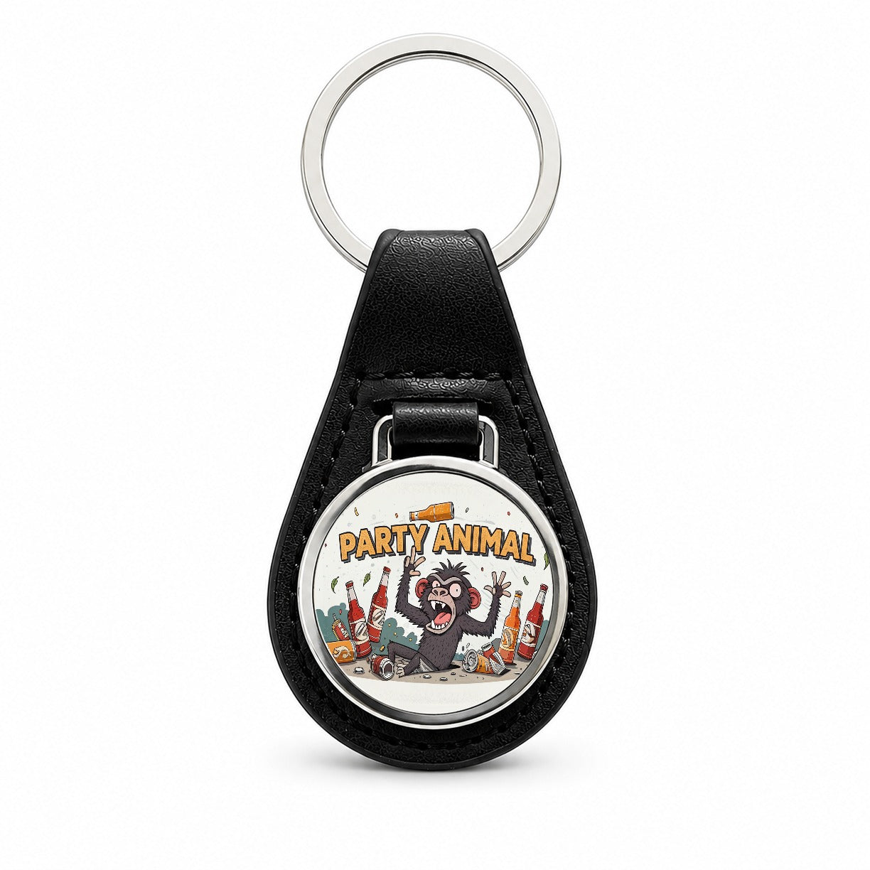 Party Animal Crazy Monkey Black Leather Metal Keychain