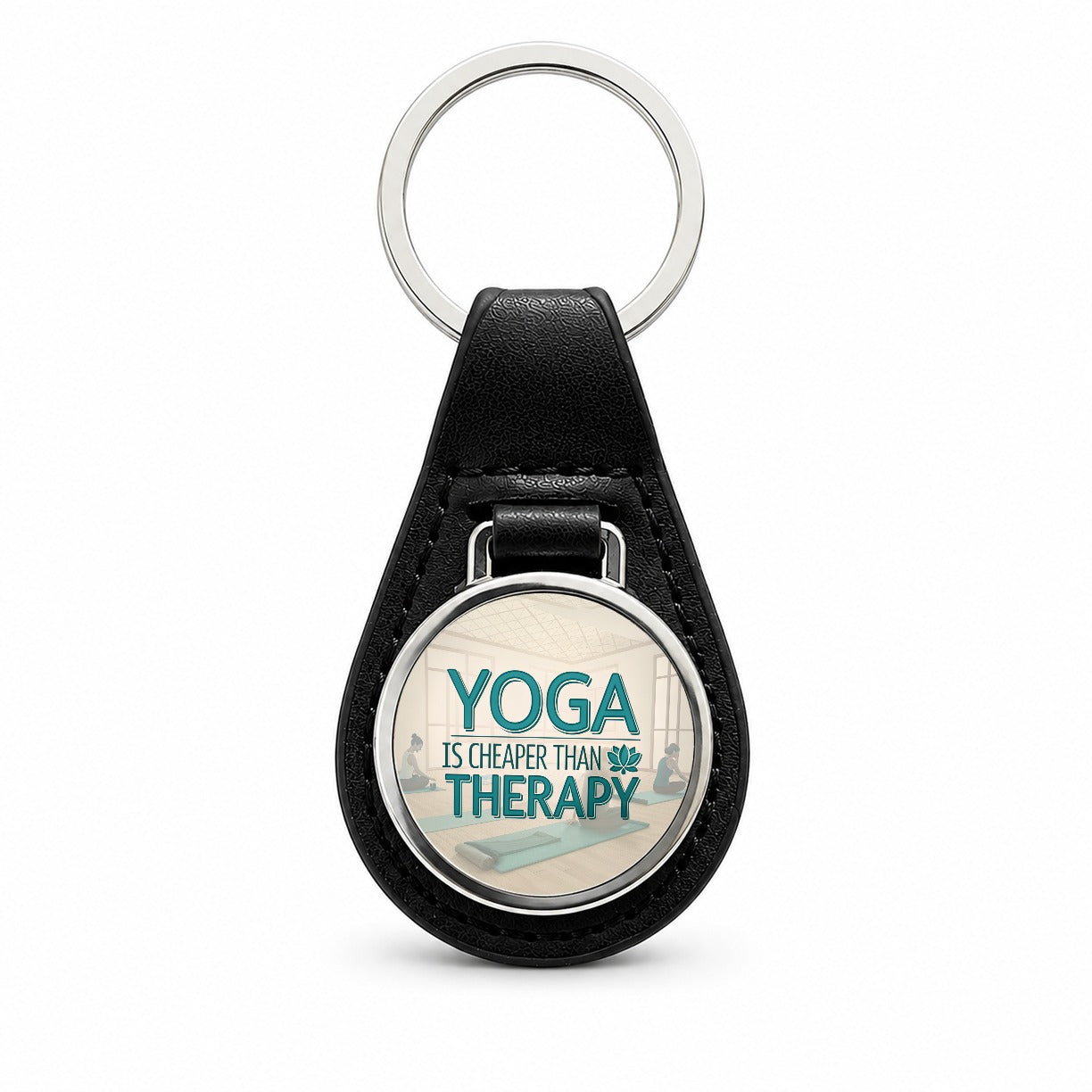 Yoga Is Cheaper Than Therapy Funny Black Leather Metal Keychain