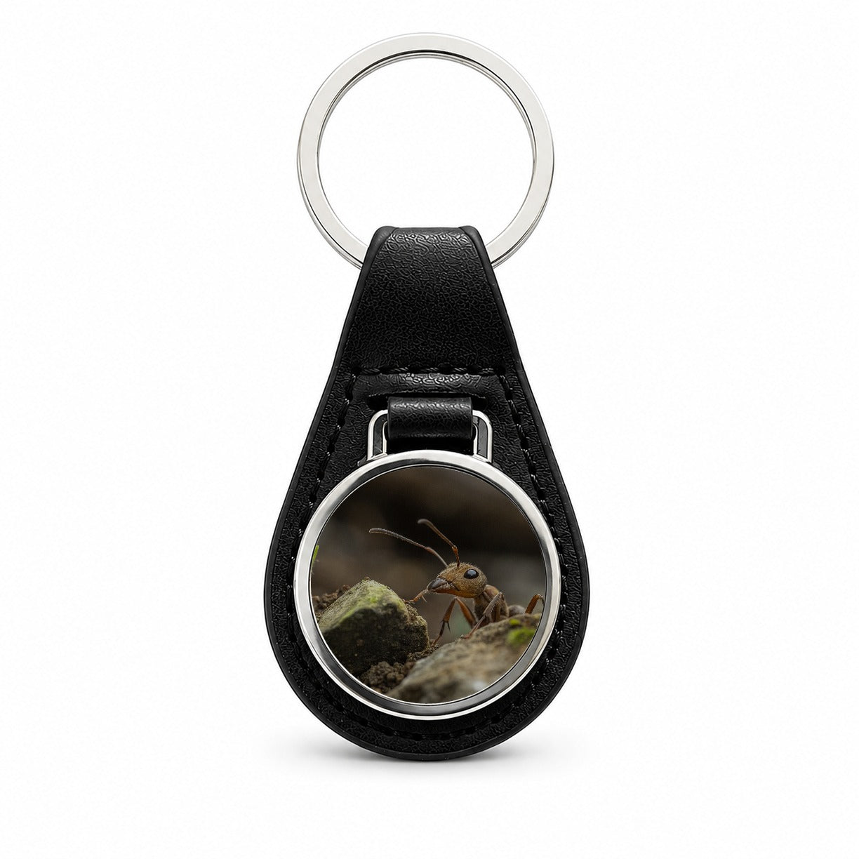 Ant Insect Nature Photo Black Leather Metal Keychain