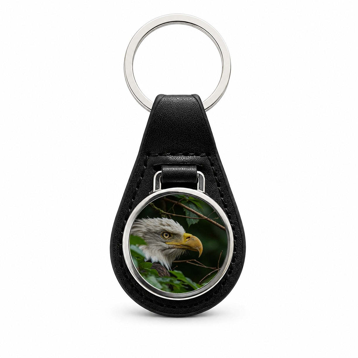 Bald Eagle Wildlife Portrait Black Leather Metal Keychain