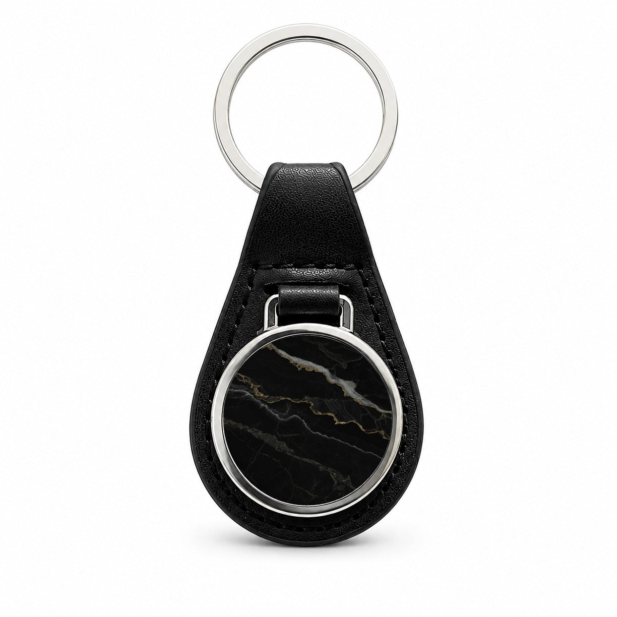Black Marble Black Leather Metal Keychain