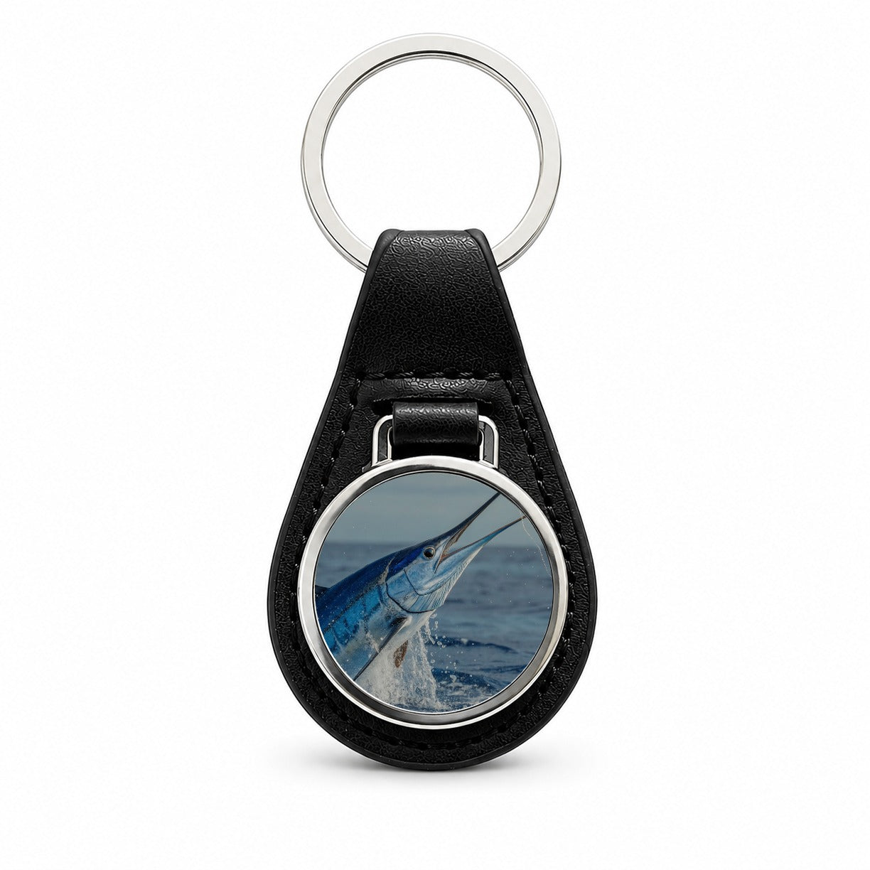 Blue Marlin Deep Sea Fishing Black Leather Metal Keychain