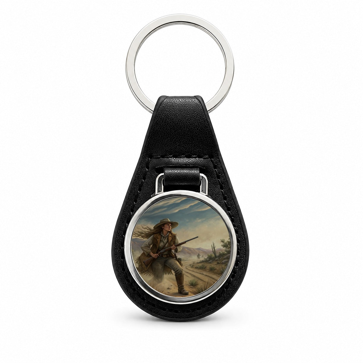 Calamity Jane Wild West Black Leather Metal Keychain