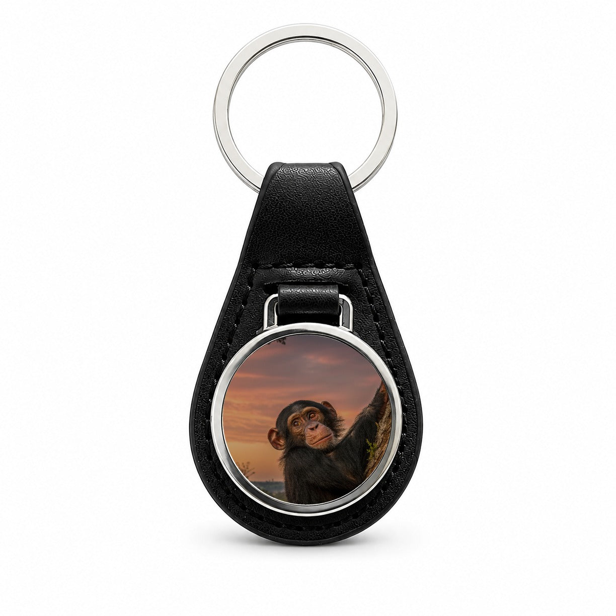 Chimpanzee Ape At Sunset Black Leather Metal Keychain