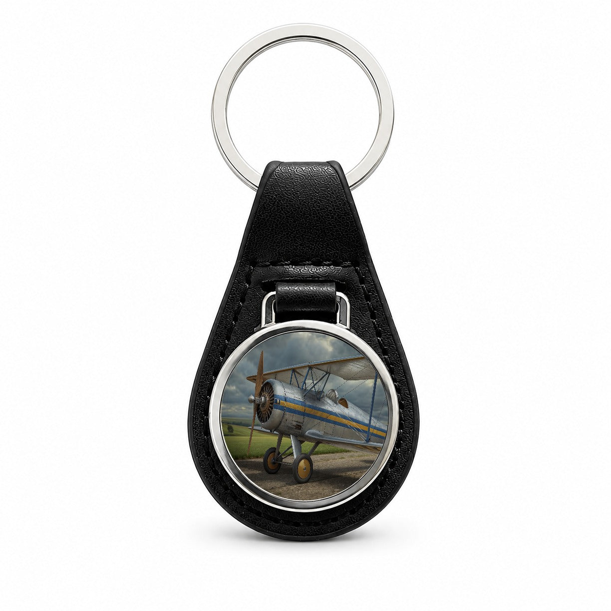 Classic Biplane Vintage Aircraft Black Leather Metal Keychain