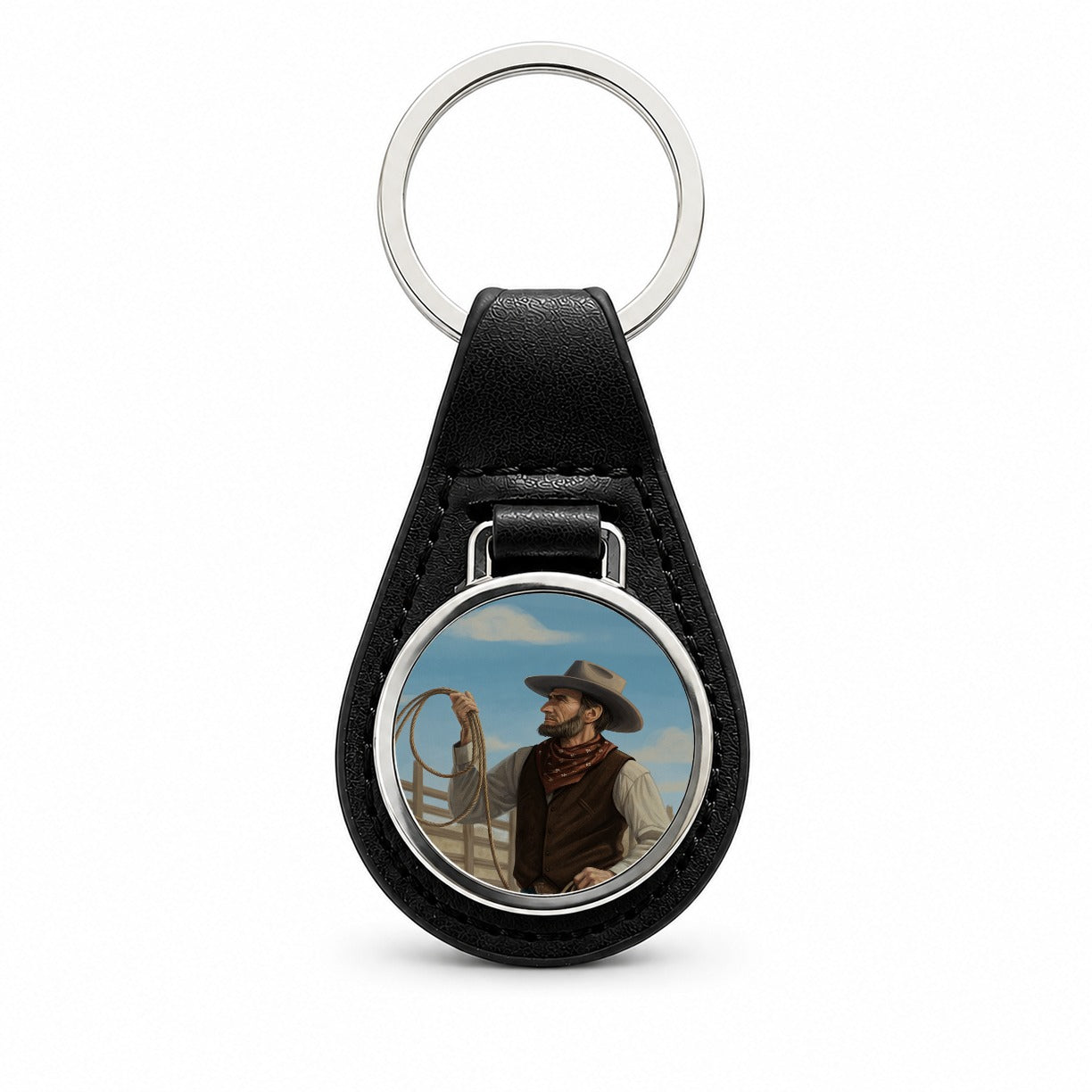 Cowboy Abraham Lincoln Black Leather Metal Keychain