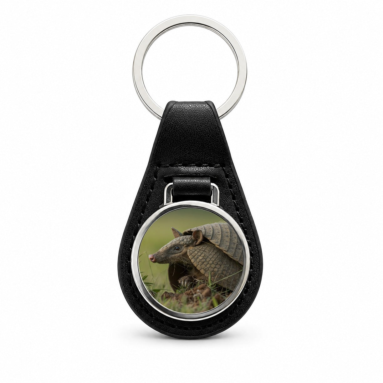 Curious Armadillo Wildlife Nature Black Leather Metal Keychain