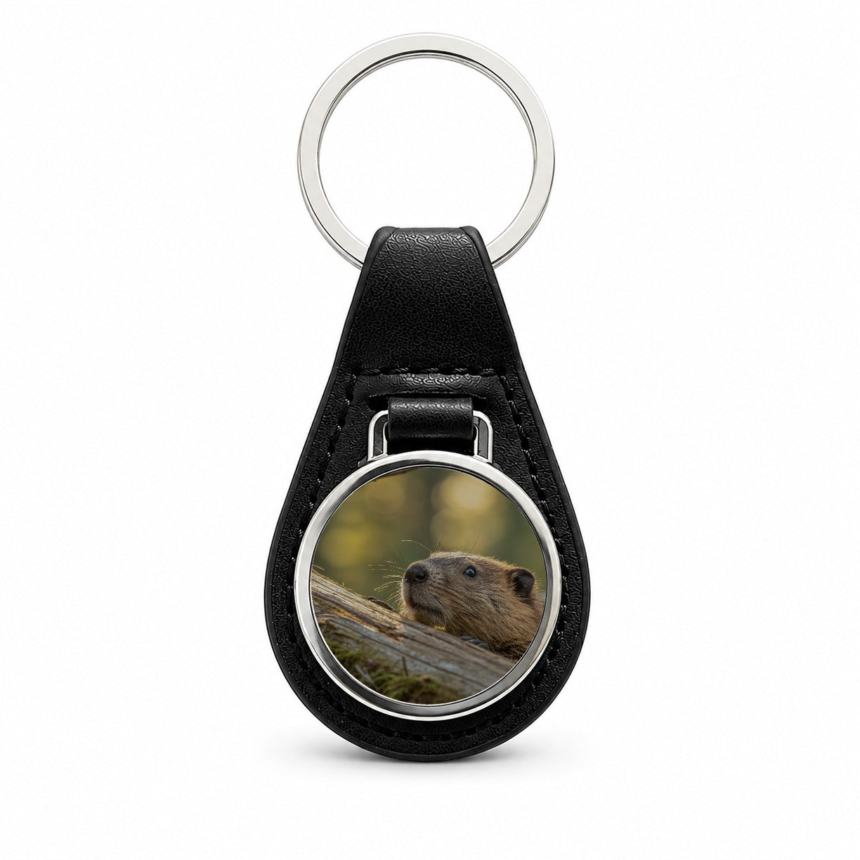 Curious Beaver Wildlife Nature Black Leather Metal Keychain
