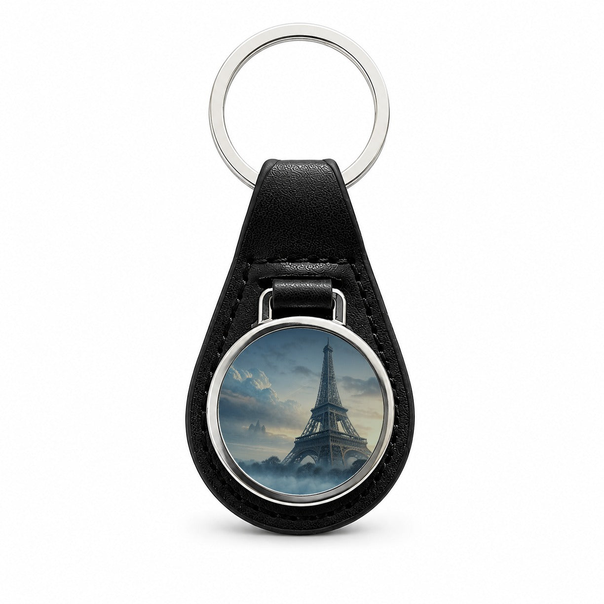 Foggy Eiffel Tower Paris Black Leather Metal Keychain
