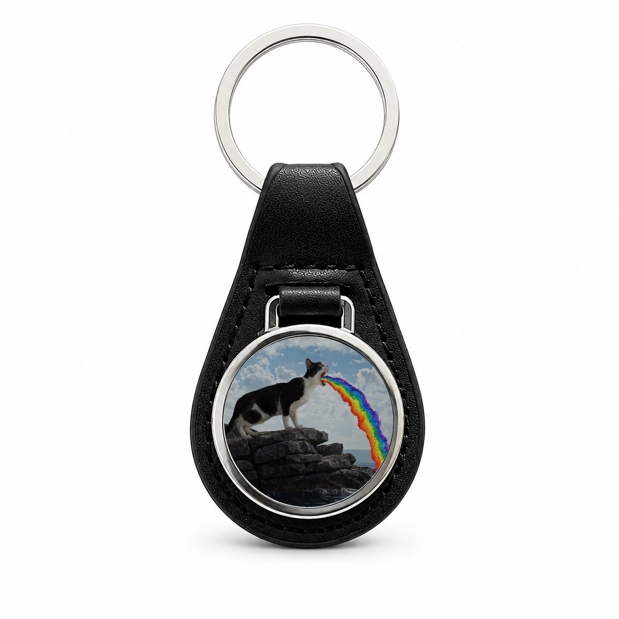 Funny Cat Rainbow Vomit Black Leather Metal Keychain