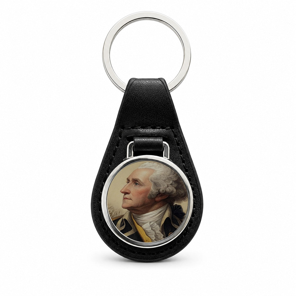 George Washington First President Black Leather Metal Keychain