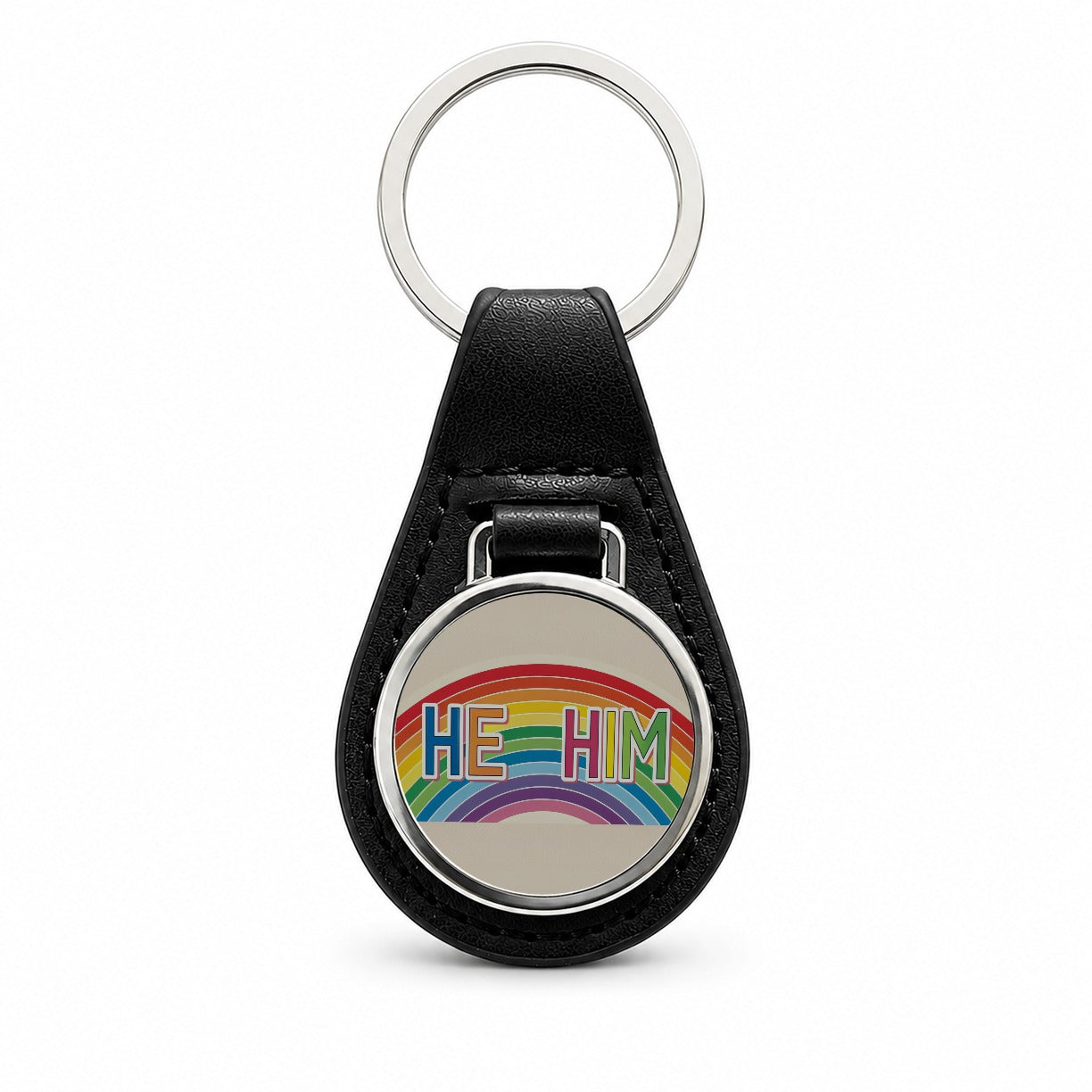 He Him Rainbow Love Pride Black Leather Metal Keychain