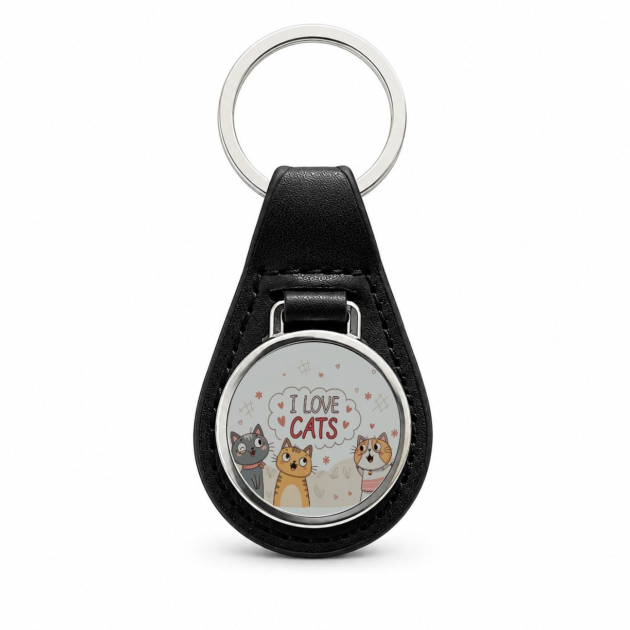 I Love Cats Cute Black Leather Metal Keychain