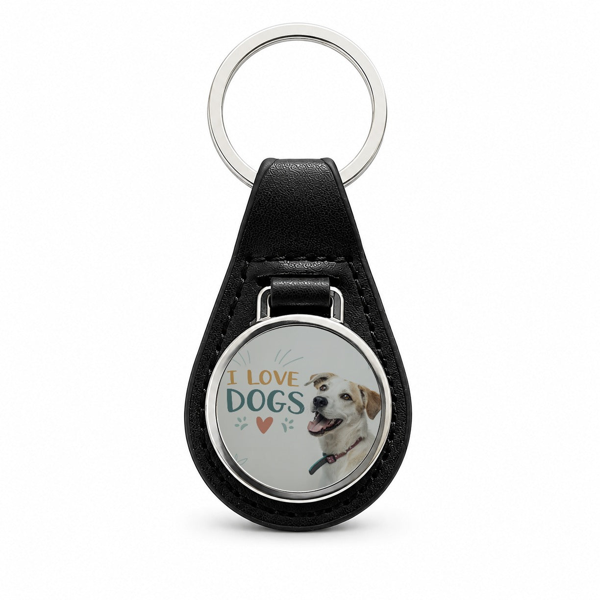 I Love Dogs Heart Black Leather Metal Keychain