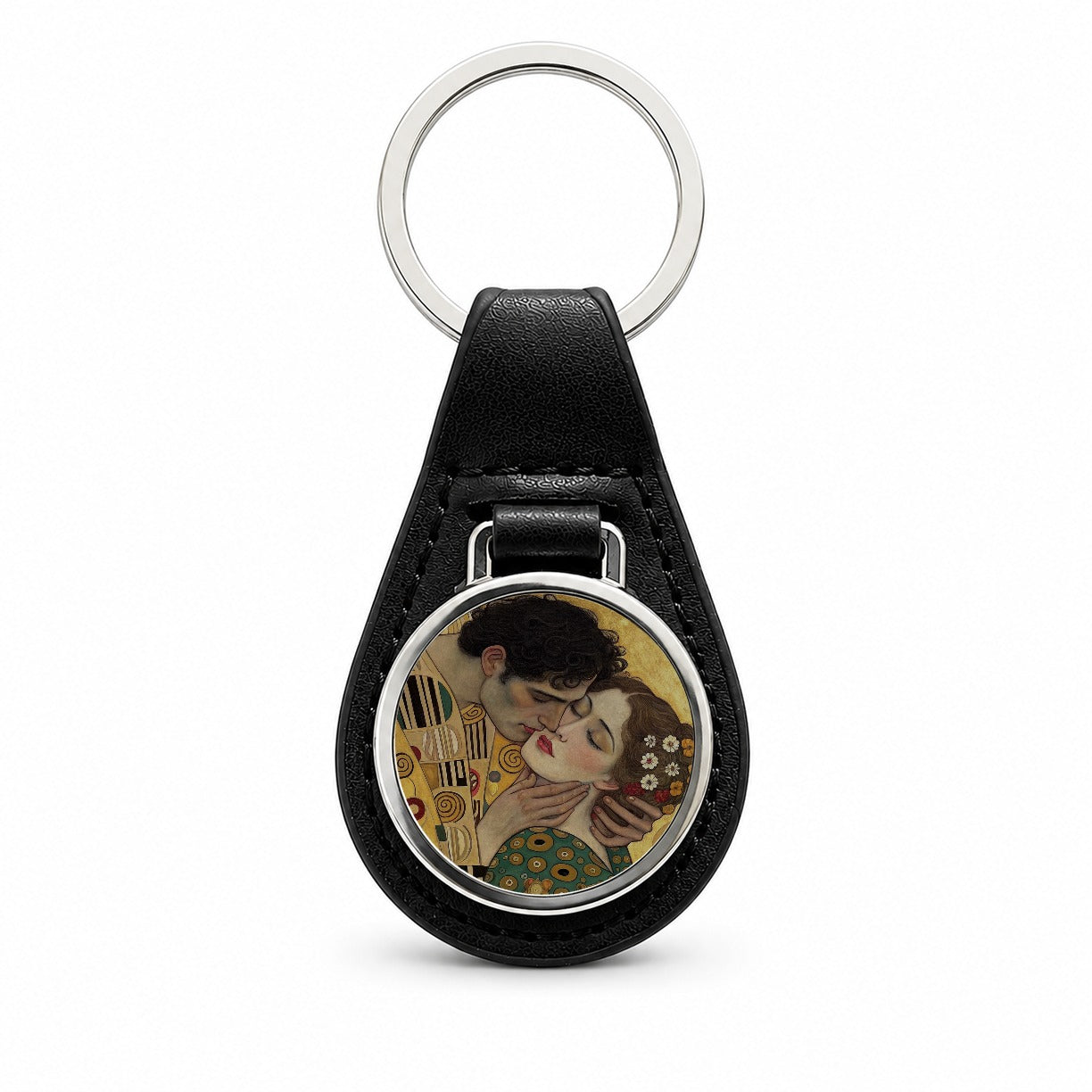 Klimt The Kiss Inspired Black Leather Metal Keychain
