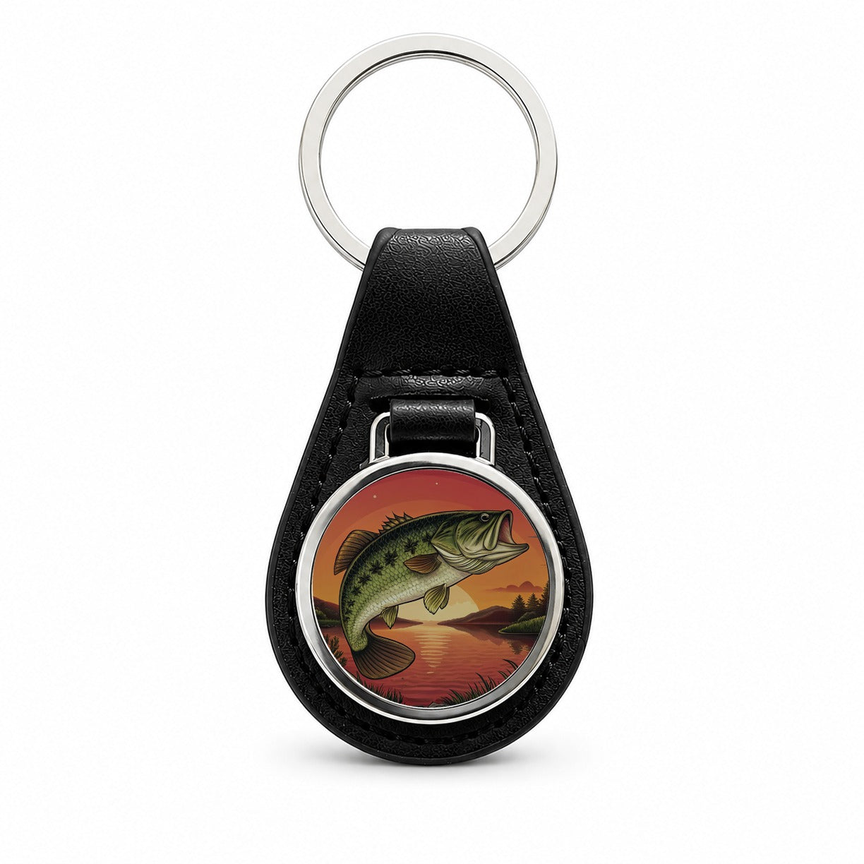 Largemouth Bass Trophy Fishing Sunset Black Leather Metal Keychain