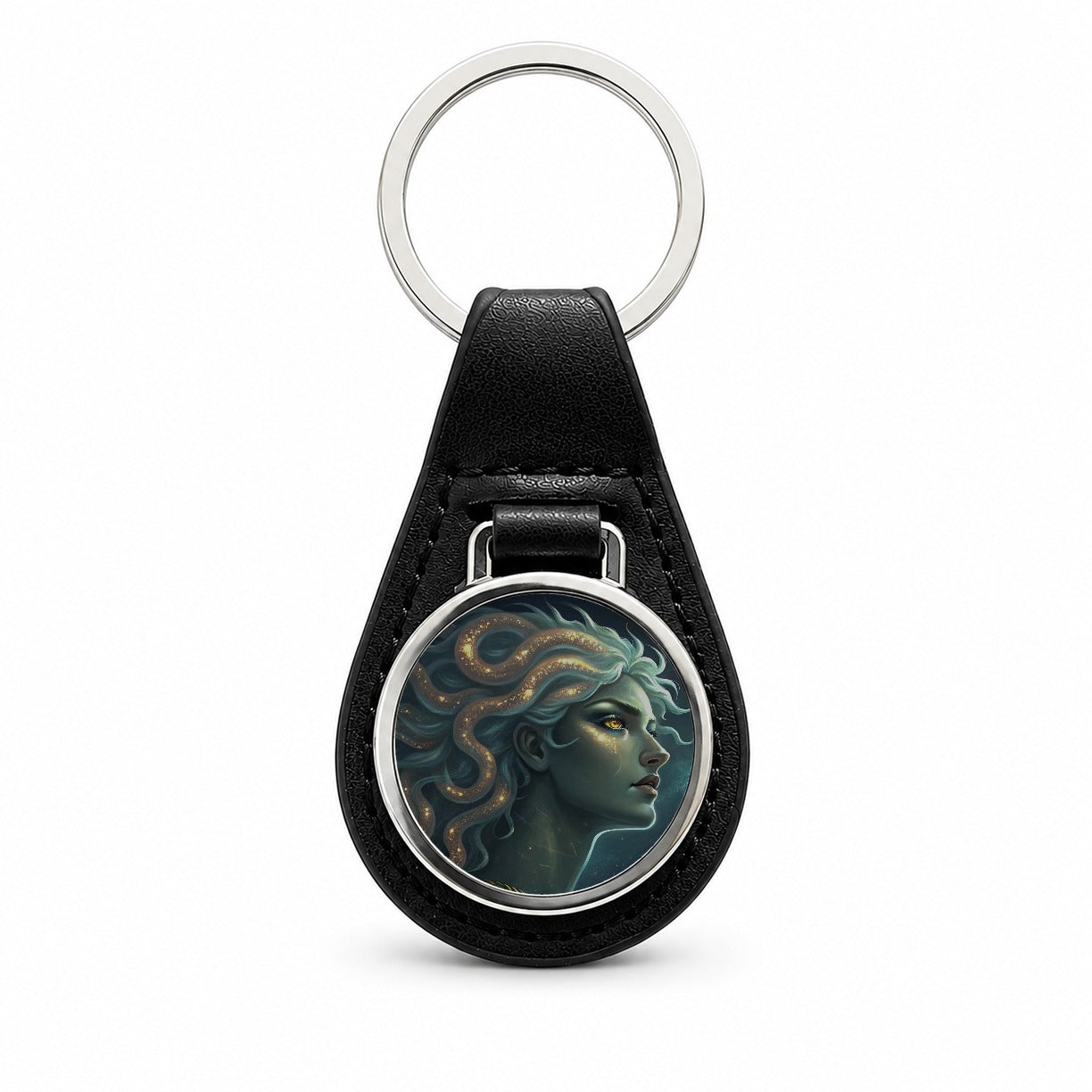 Medusa Greek Mythology Black Leather Metal Keychain