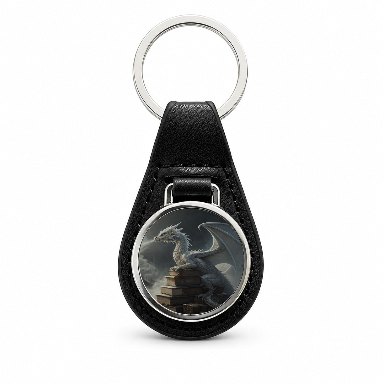 Misty Dragon Sitting On Books Black Leather Metal Keychain