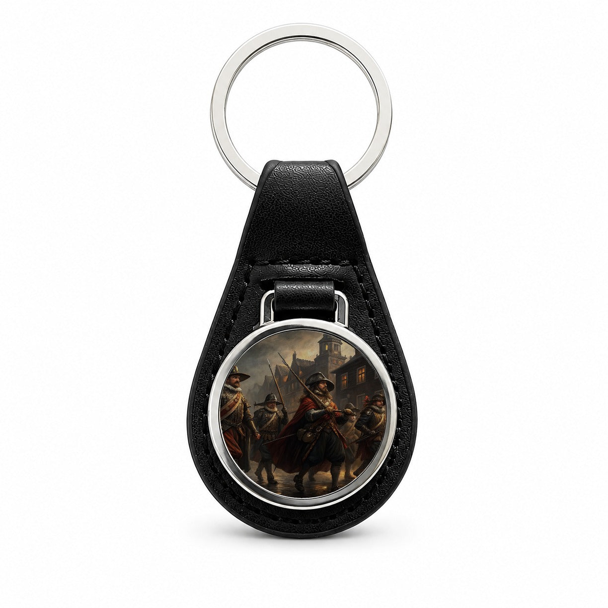 Night Watch Rembrandt Inspired Black Leather Metal Keychain
