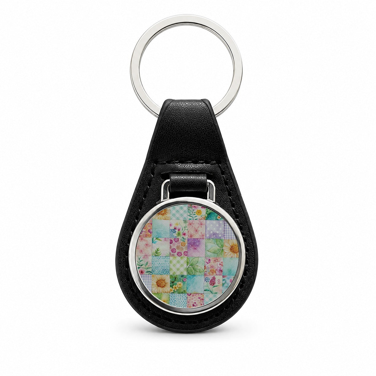 Patchwork Quilt Watercolor Black Leather Metal Keychain