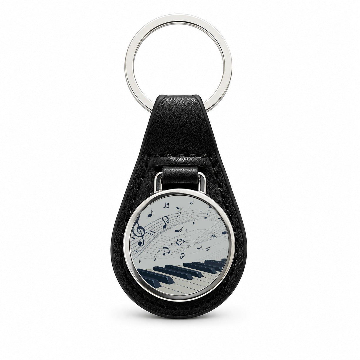 Piano Keys Musical Notes In Motion Black Leather Metal Keychain