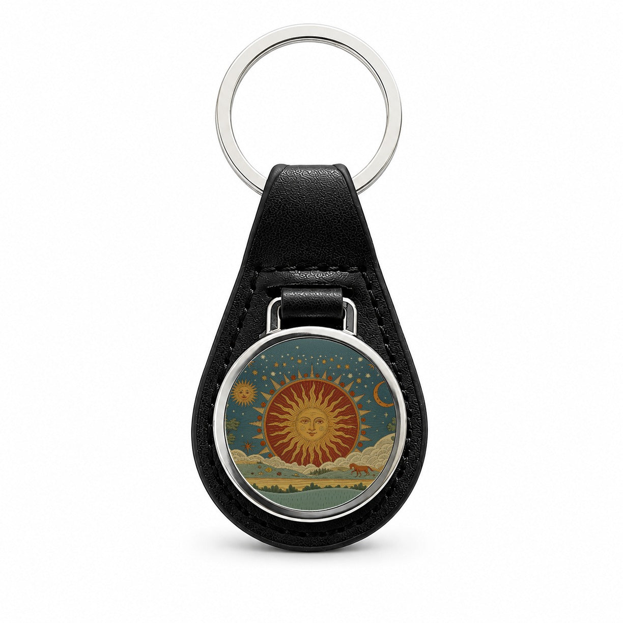 Radiant Sun Tarot Design Black Leather Metal Keychain