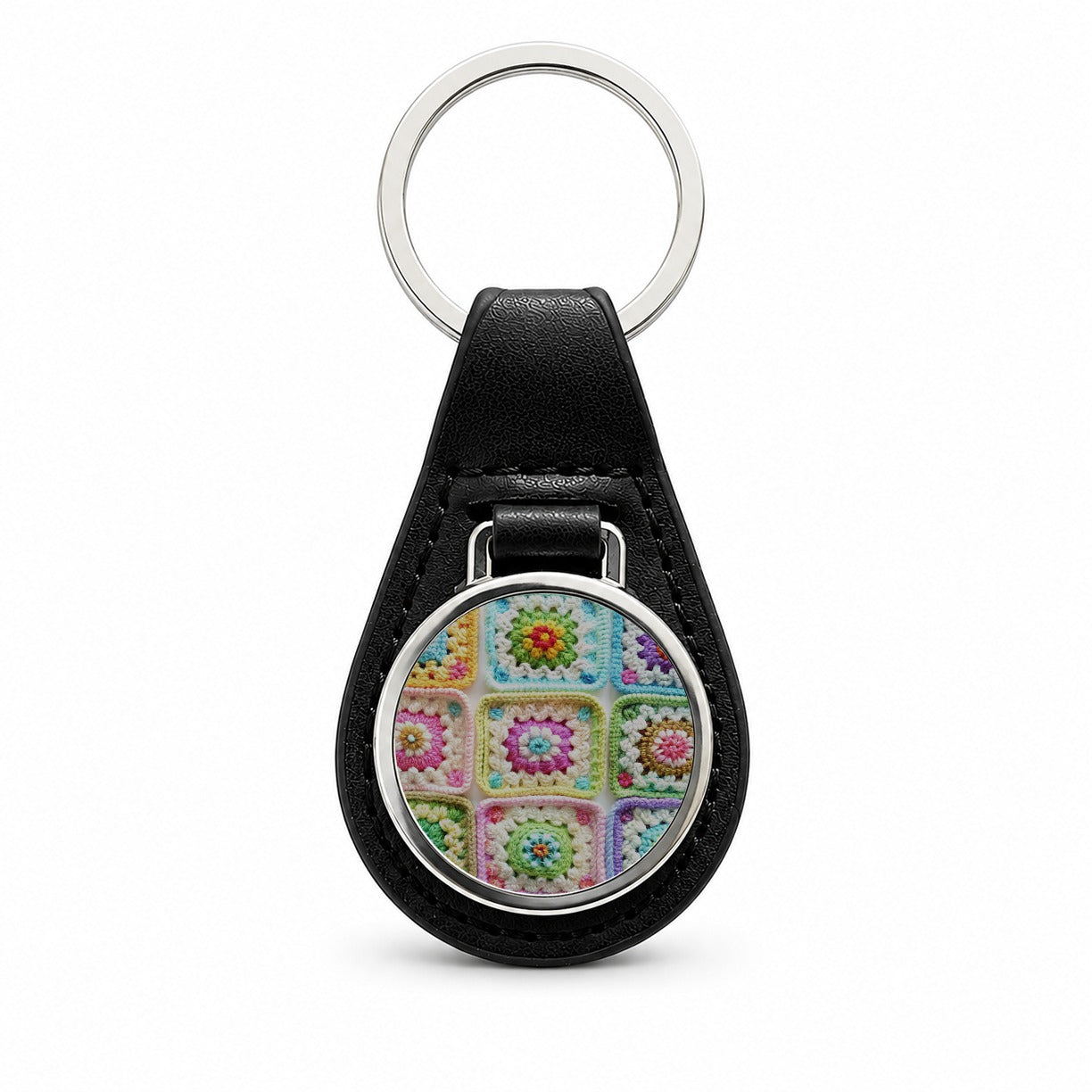 Rainbow Crochet Granny Squares Black Leather Metal Keychain