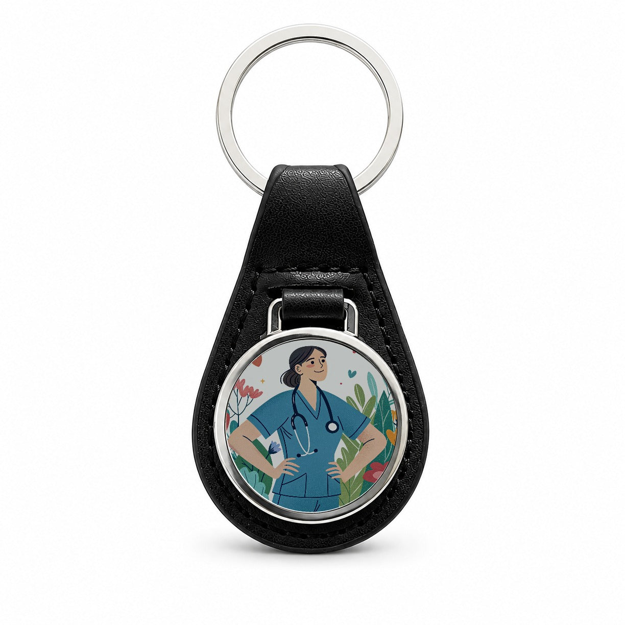 RN LVN Wildflower Nurse Black Leather Metal Keychain