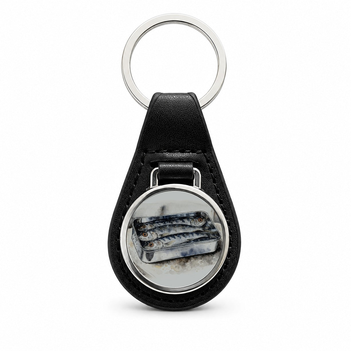 Sardines Fish In Tin Watercolor Black Leather Metal Keychain