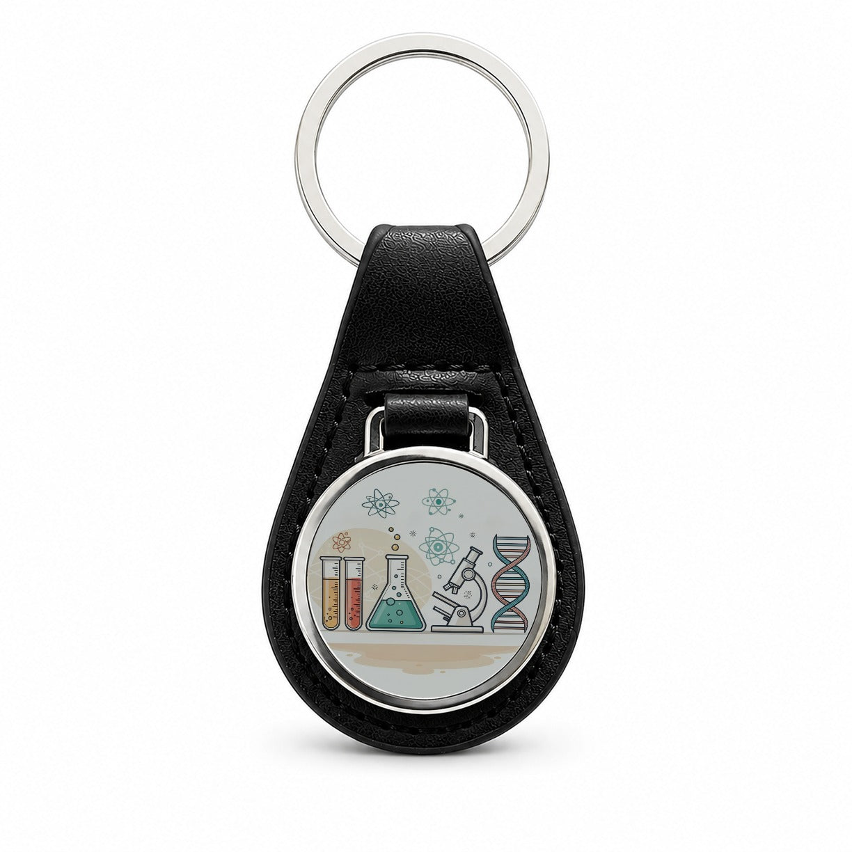 Science Laboratory Chemistry Biology Physics Black Leather Metal Keychain