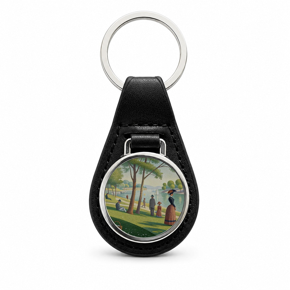 Sunday in the Park Seurat Inspired Black Leather Metal Keychain