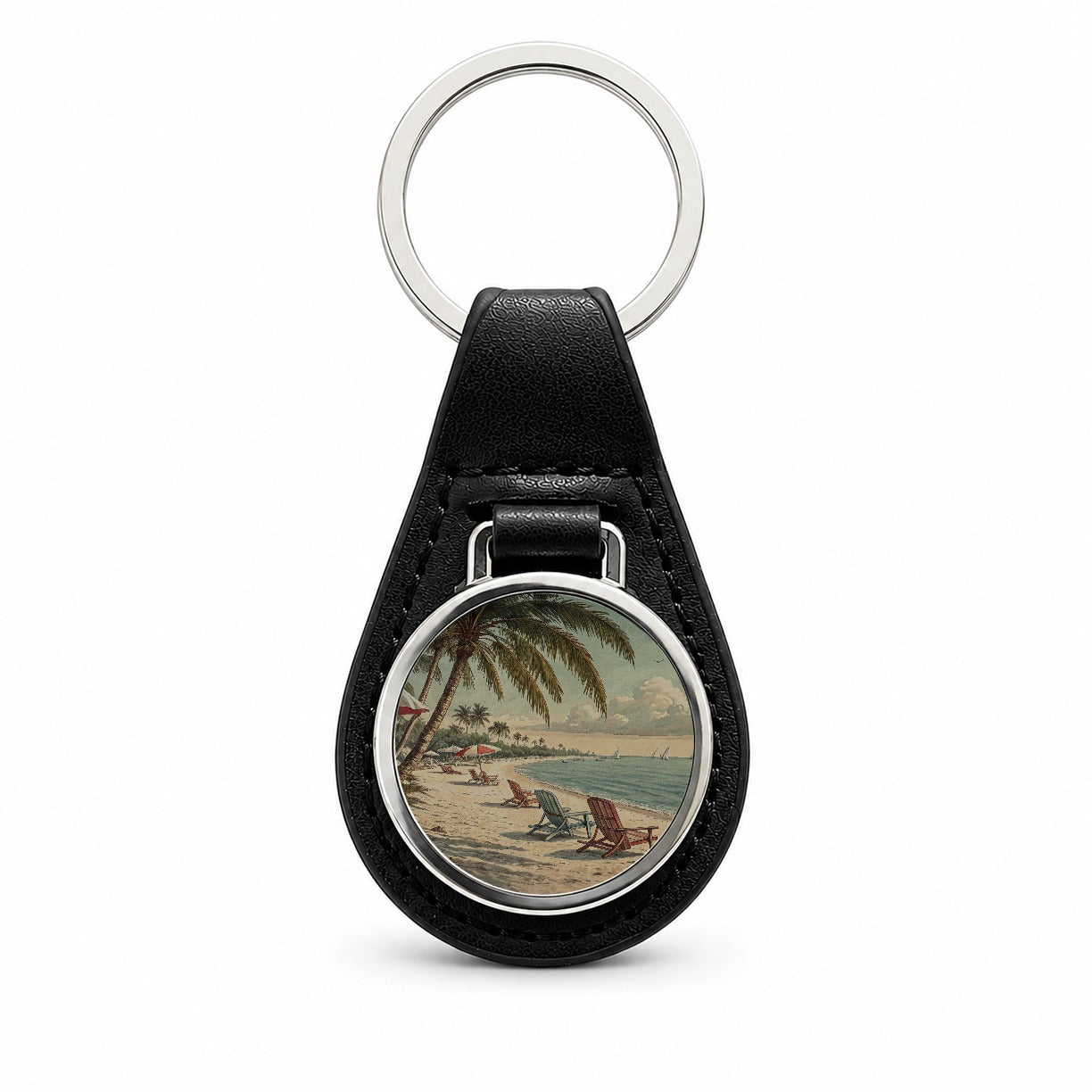 Vintage Beach Scene Holiday Black Leather Metal Keychain