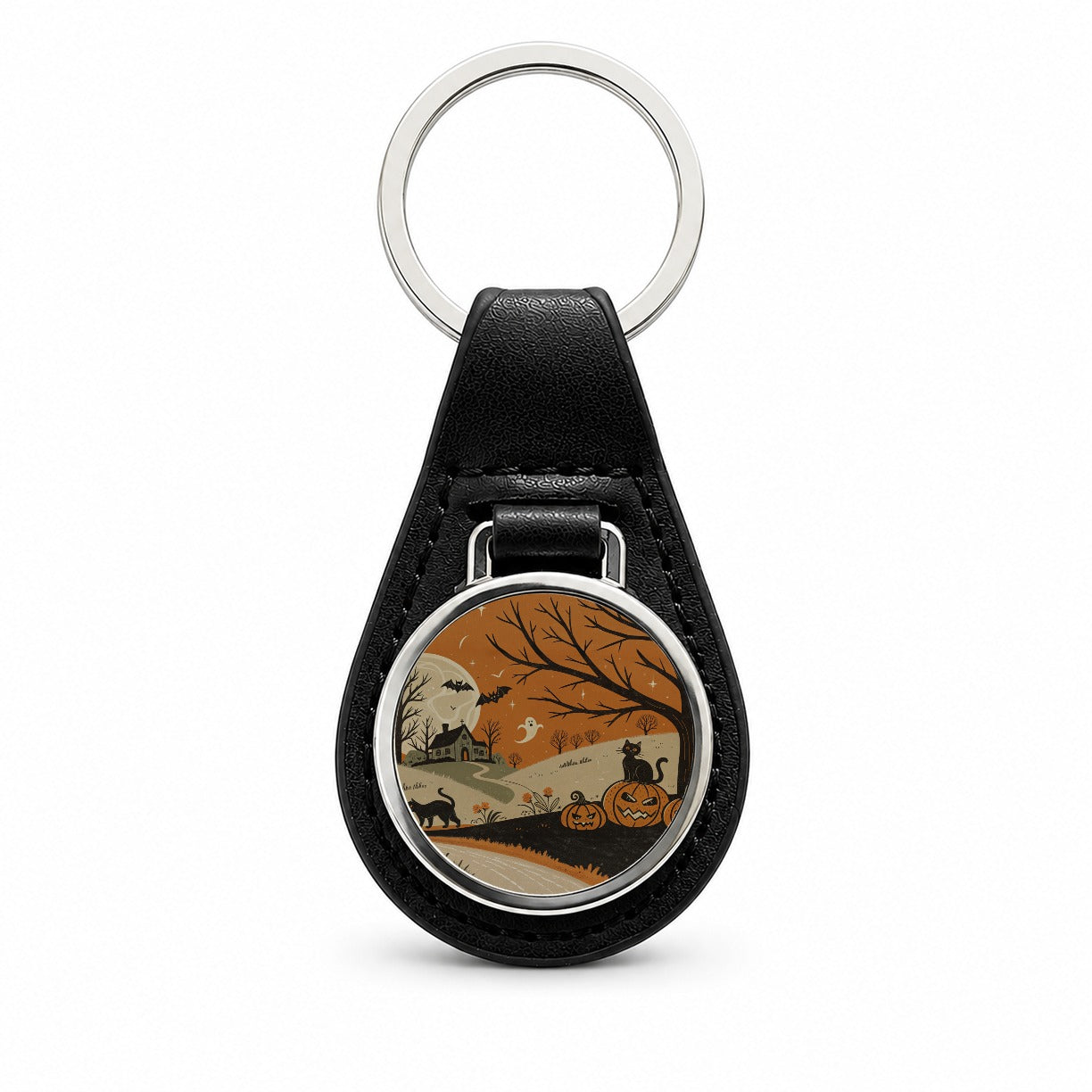Vintage Halloween Black Cats Black Leather Metal Keychain