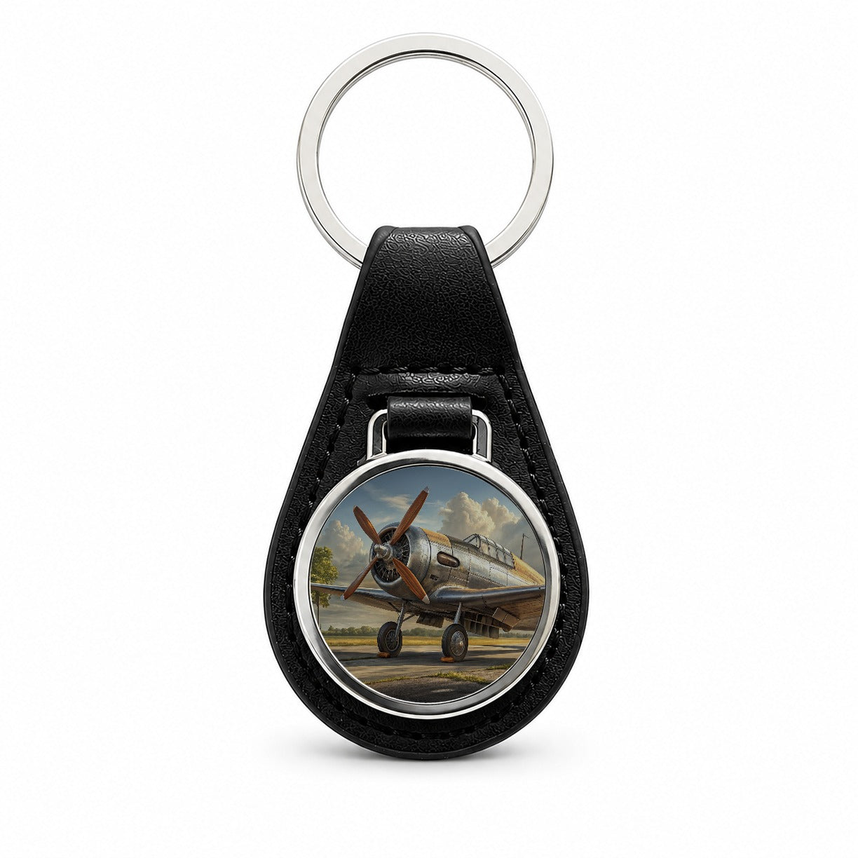 Vintage Propeller Airplane Black Leather Metal Keychain