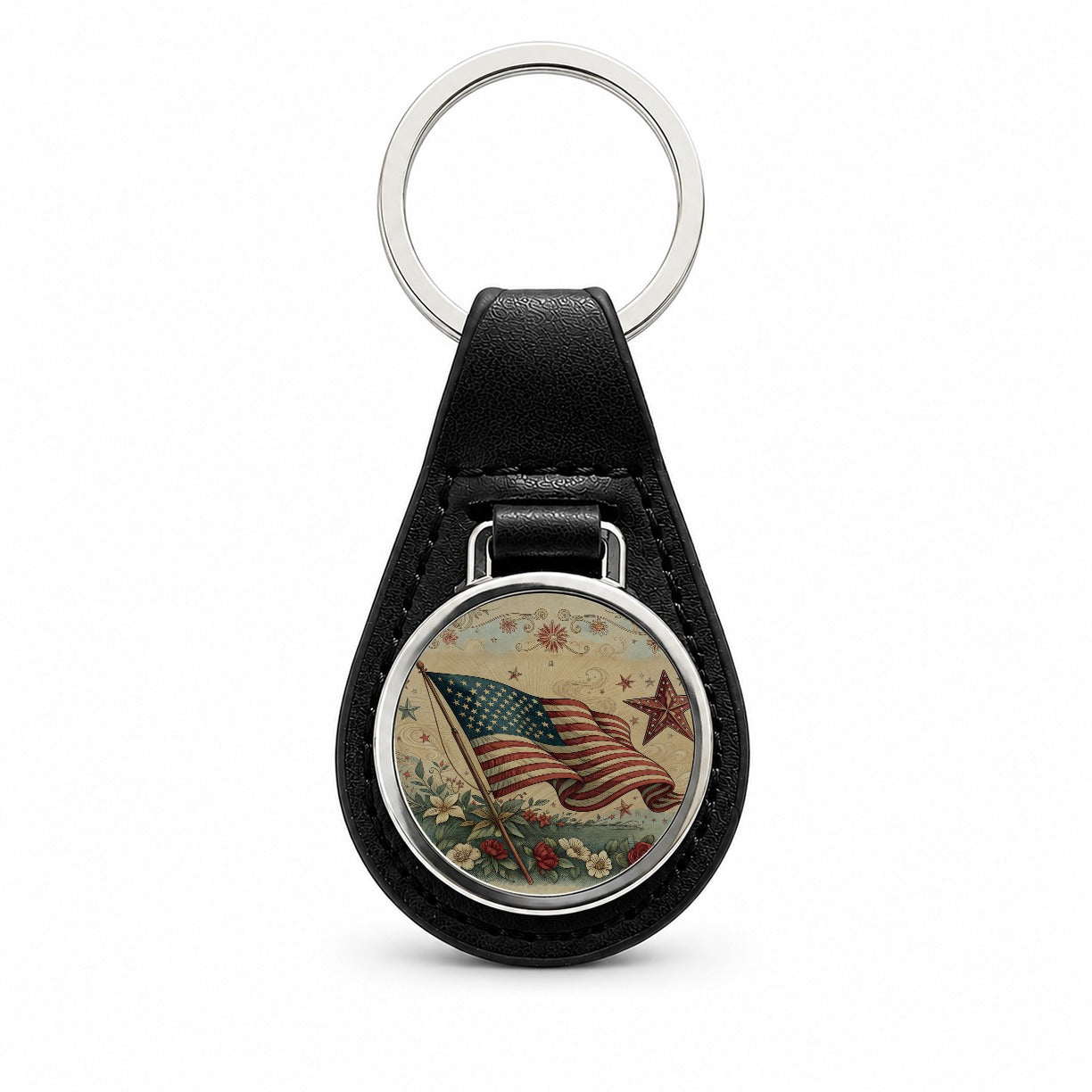 Vintage USA Flag Stars Patriotic Black Leather Metal Keychain