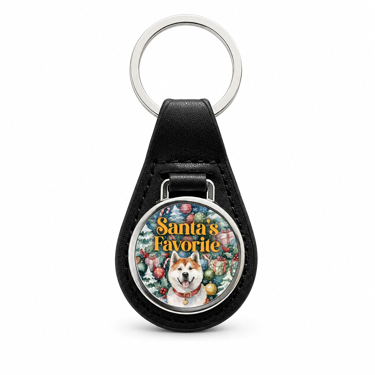 Akita Dog Christmas Santa's Favorite Black Leather Metal Keychain