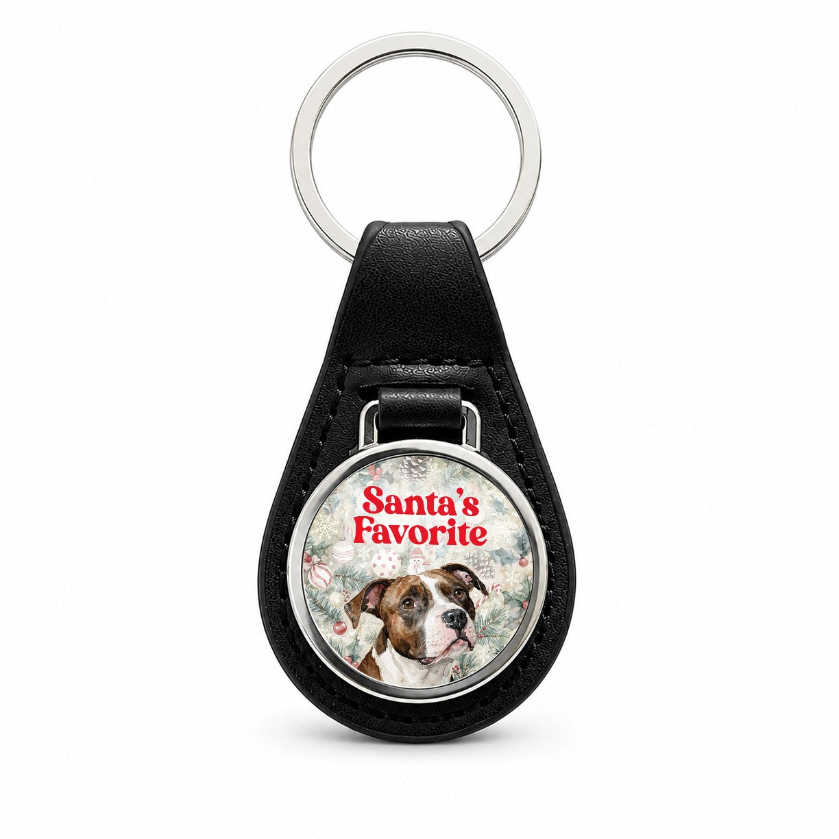 American Pit Bull Terrier Dog Christmas Santa's Favorite Black Leather Metal Keychain