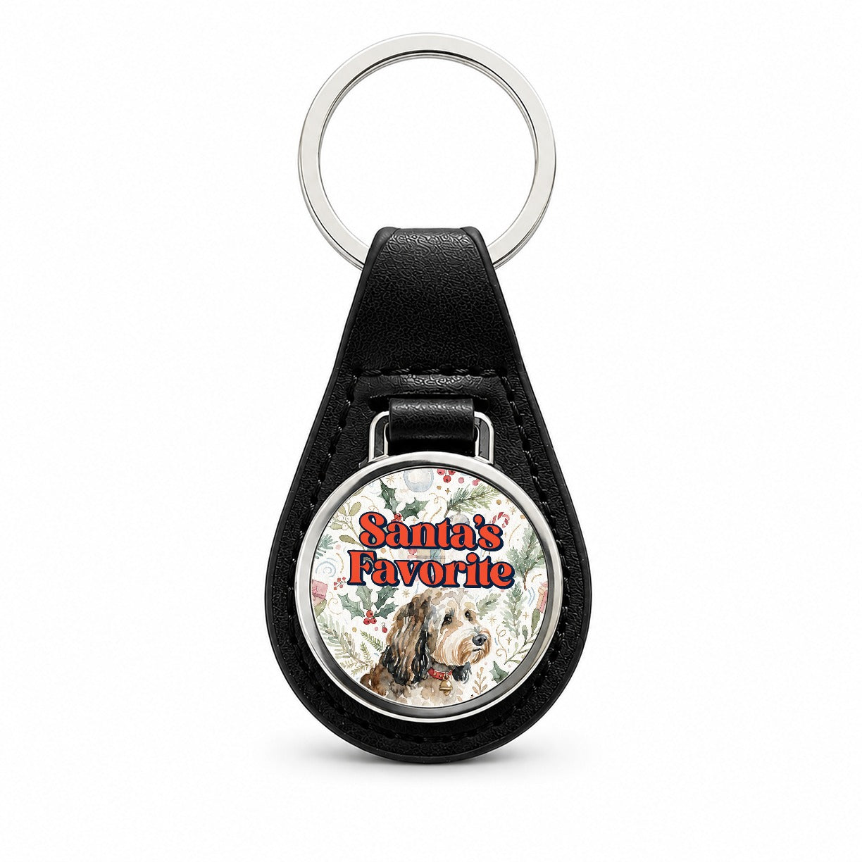 Aussiedoodle Dog Christmas Santa's Favorite Black Leather Metal Keychain