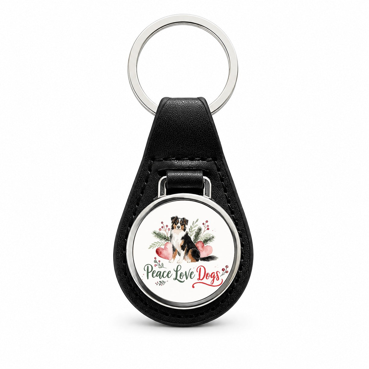Australian Shepherd Peace Love Dogs Christmas Black Leather Metal Keychain