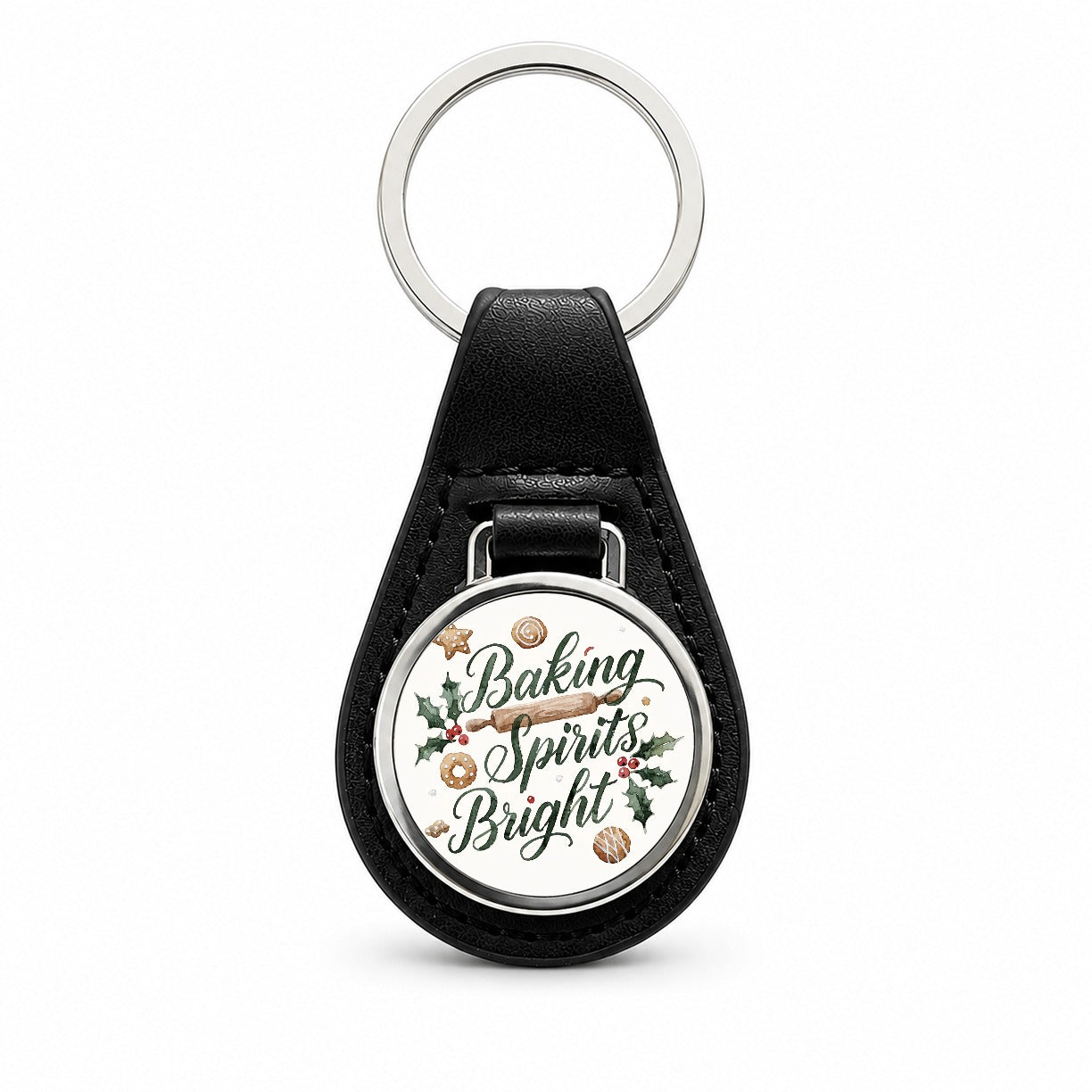 Baking Spirits Bright Christmas Black Leather Metal Keychain