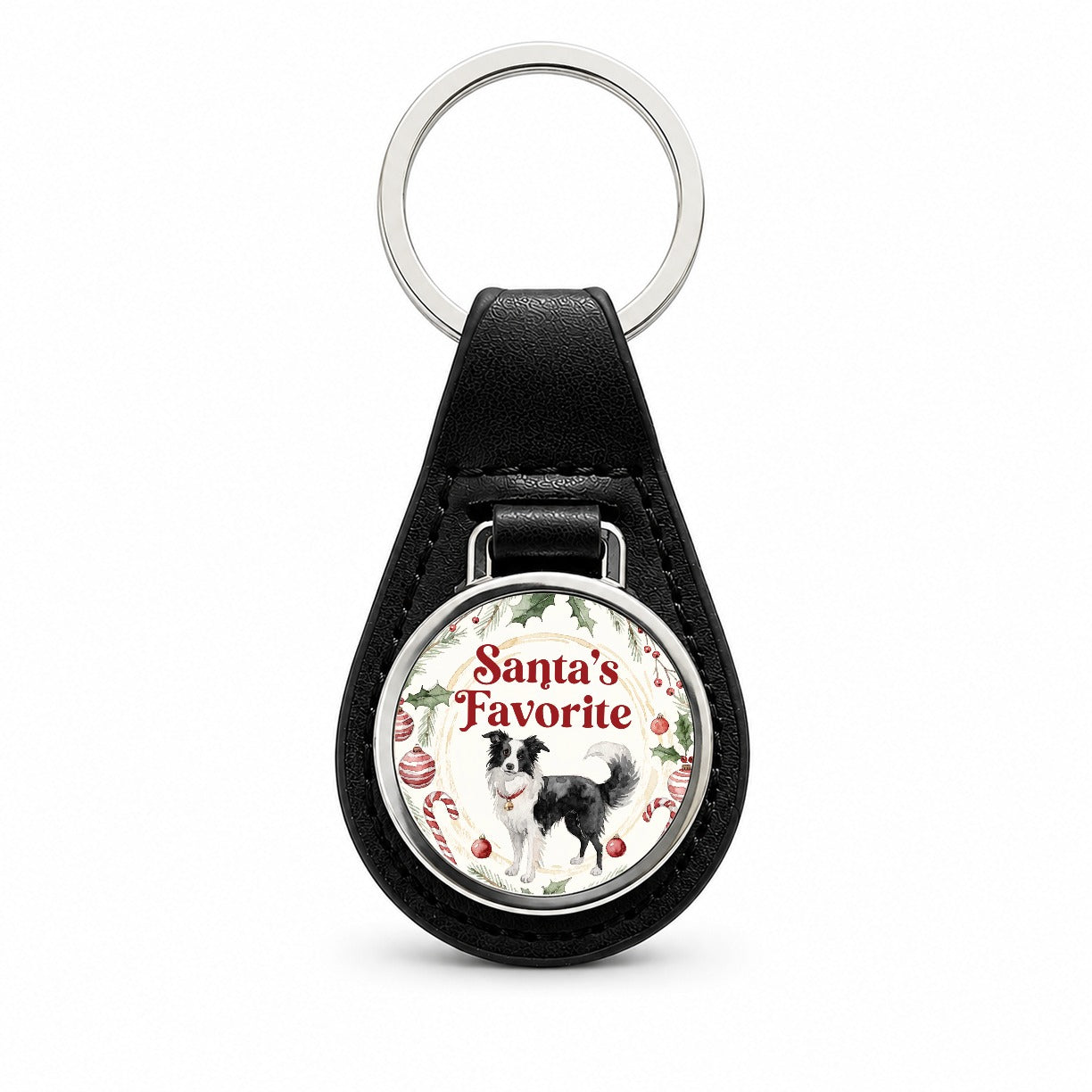 Border Collie Dog Christmas Santa's Favorite Black Leather Metal Keychain