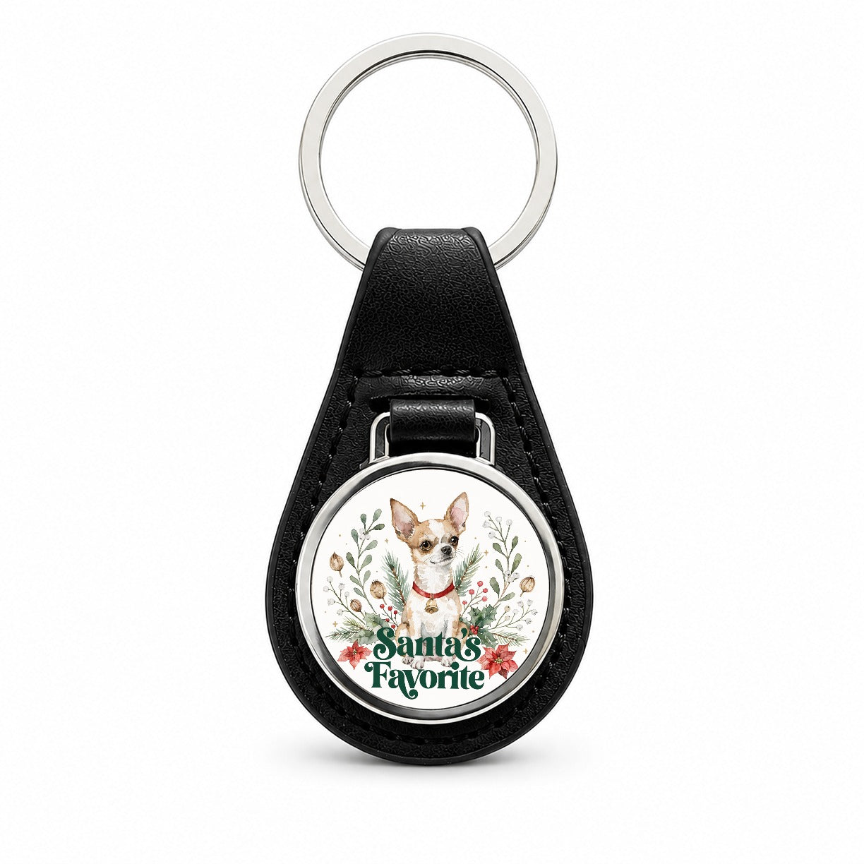Chihuahua Dog Christmas Santa's Favorite Black Leather Metal Keychain