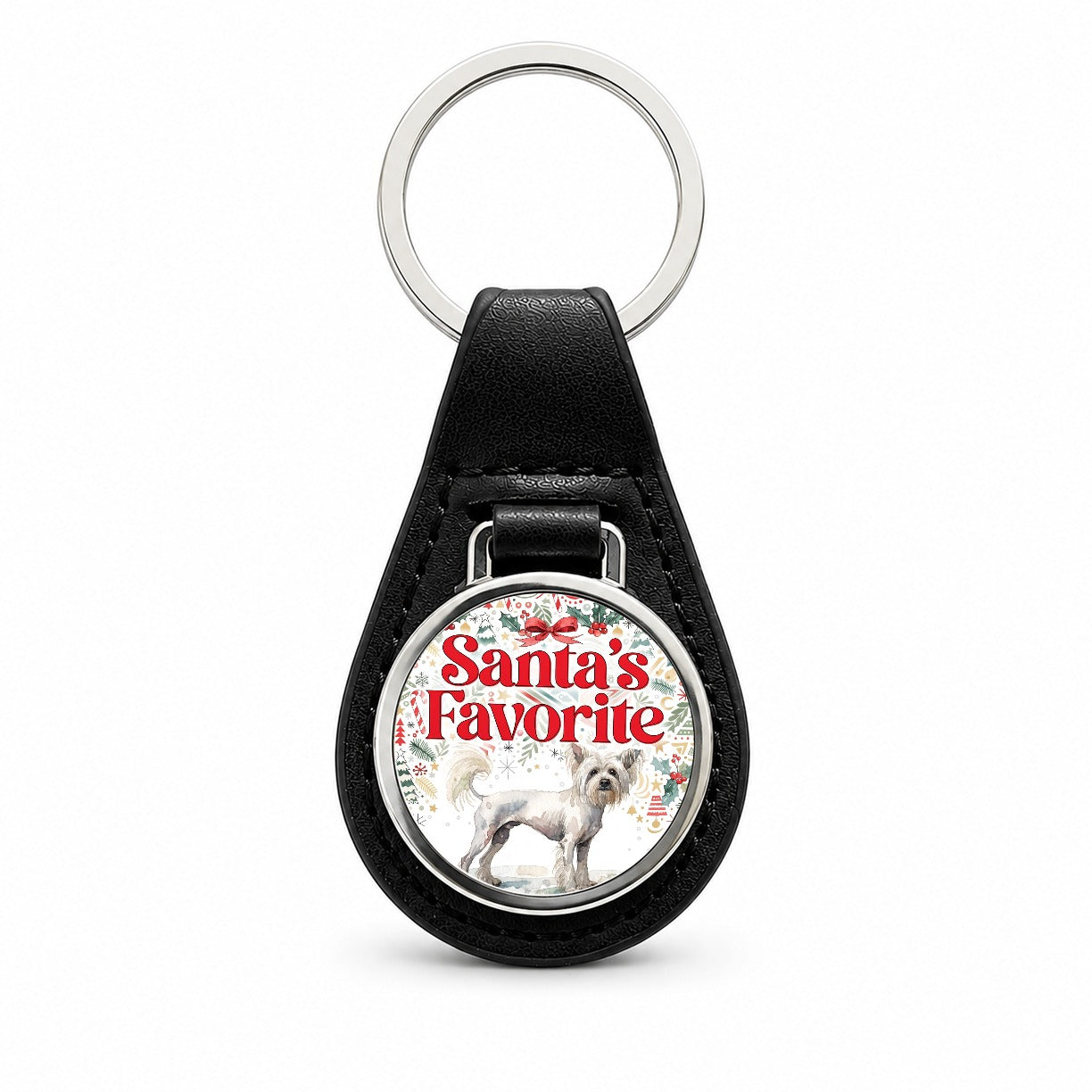 Chinese Crested Dog Christmas Santa's Favorite Black Leather Metal Keychain