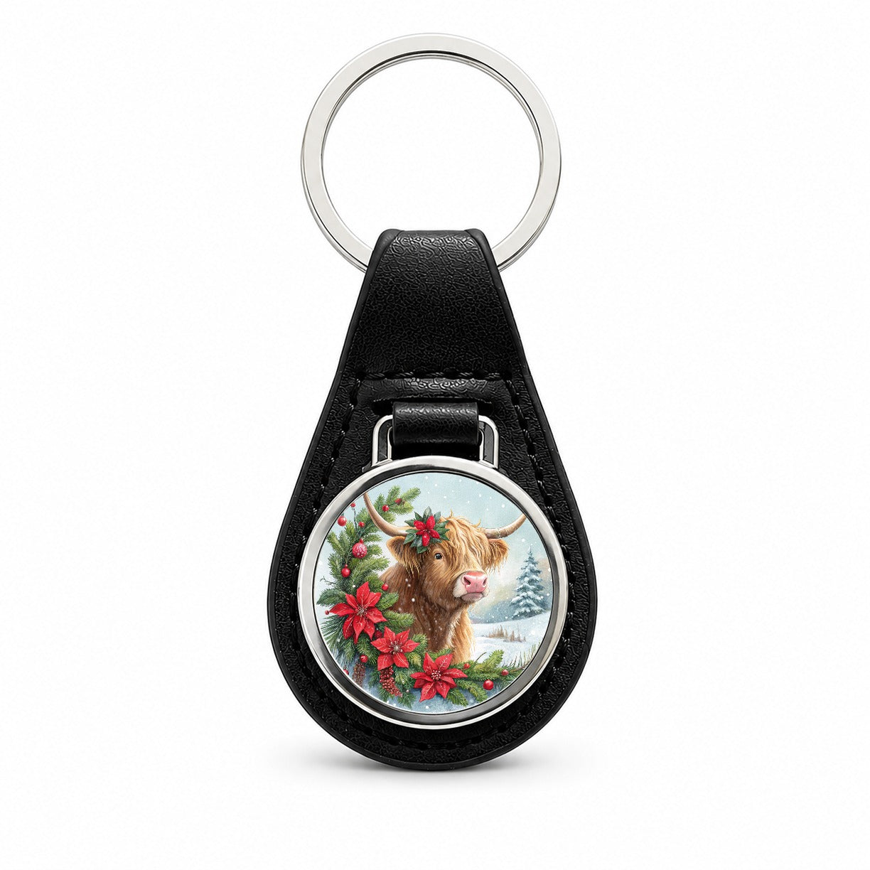 Christmas Highland Cow Black Leather Metal Keychain