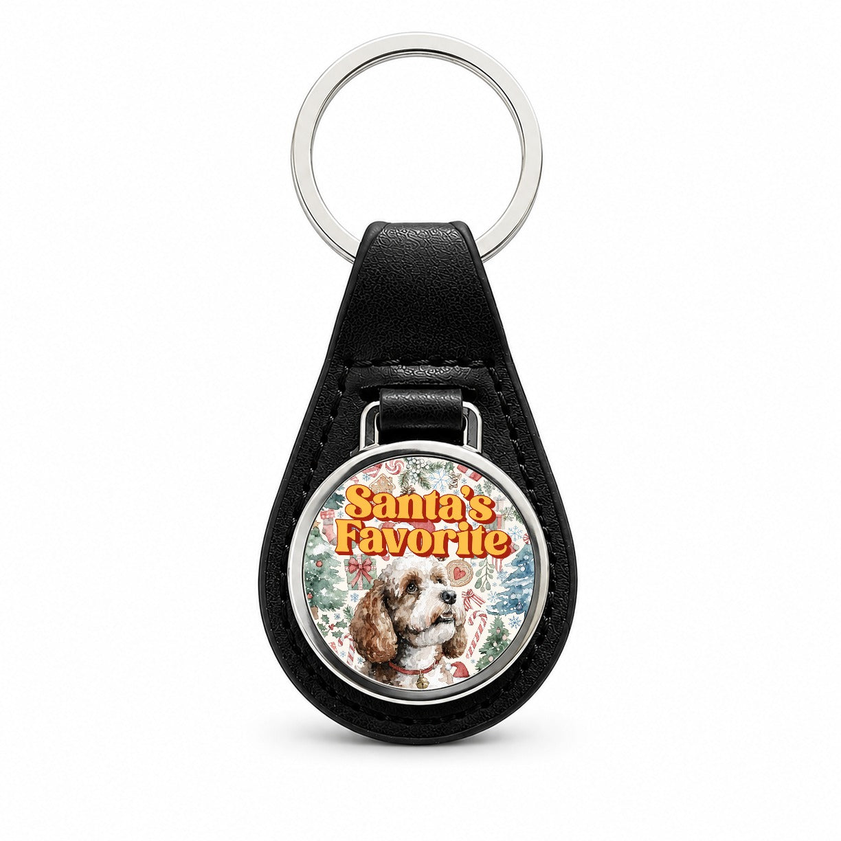 Cockapoo Dog Christmas Santa's Favorite Black Leather Metal Keychain