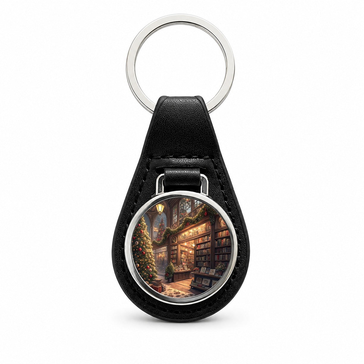 Cozy Christmas Bookstore Library Black Leather Metal Keychain